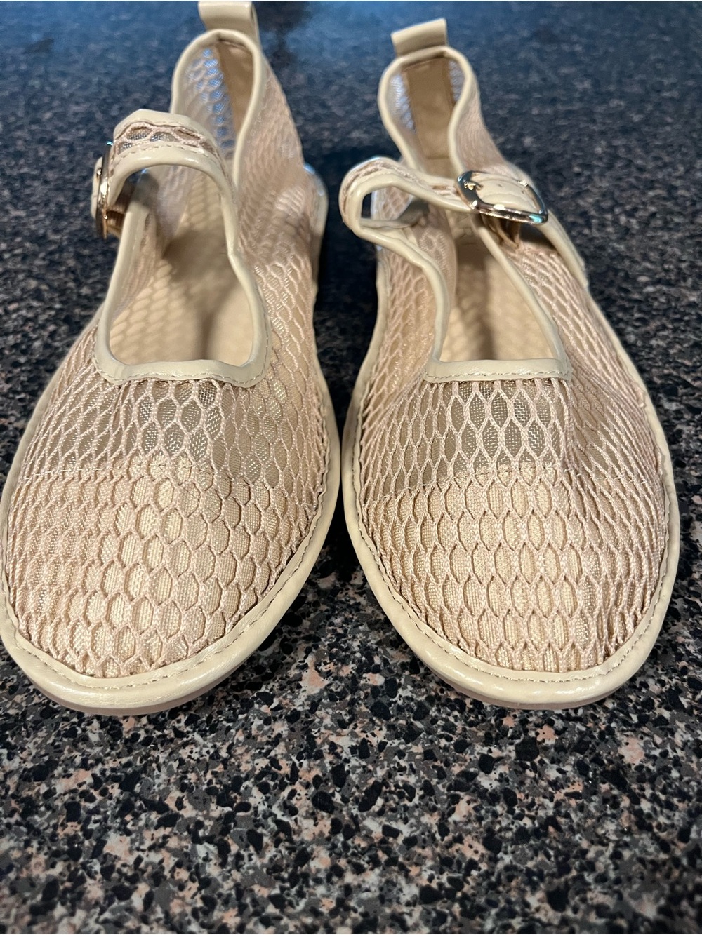 Tahari Light Beige Mesh Mary Jane Flats with Buckle